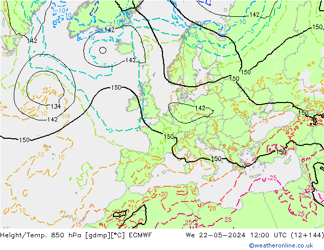 Z500/Rain (+SLP)/Z850 ECMWF Mi 22.05.2024 12 UTC