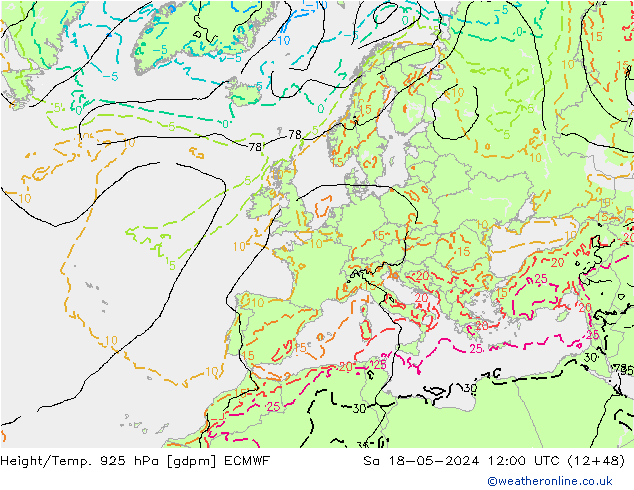 Height/Temp. 925 hPa ECMWF Sa 18.05.2024 12 UTC