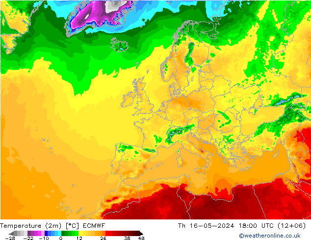 Temperatura (2m) ECMWF jue 16.05.2024 18 UTC
