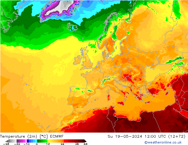 карта температуры ECMWF Вс 19.05.2024 12 UTC