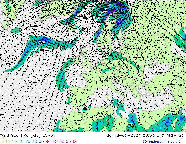 Rüzgar 950 hPa ECMWF Cts 18.05.2024 06 UTC