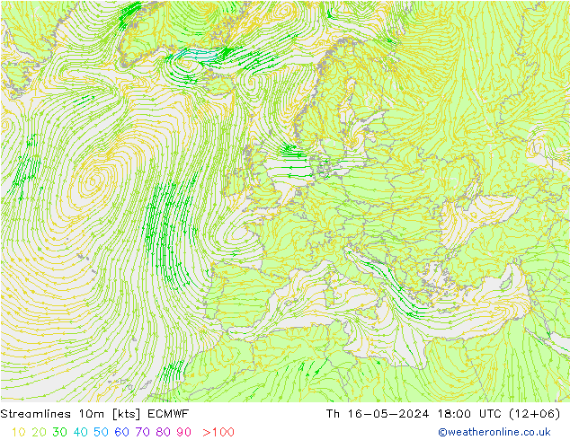 Línea de corriente 10m ECMWF jue 16.05.2024 18 UTC