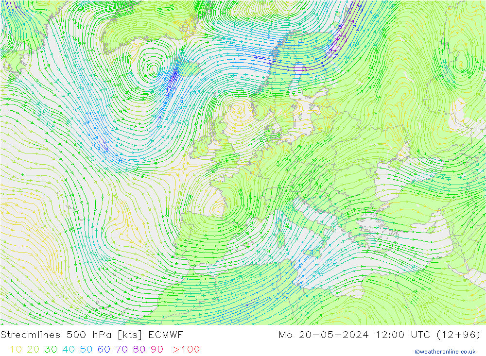Linea di flusso 500 hPa ECMWF lun 20.05.2024 12 UTC