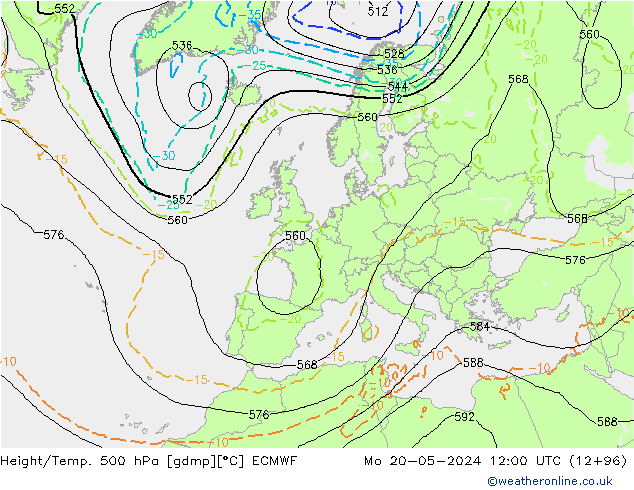 Z500/Rain (+SLP)/Z850 ECMWF Po 20.05.2024 12 UTC