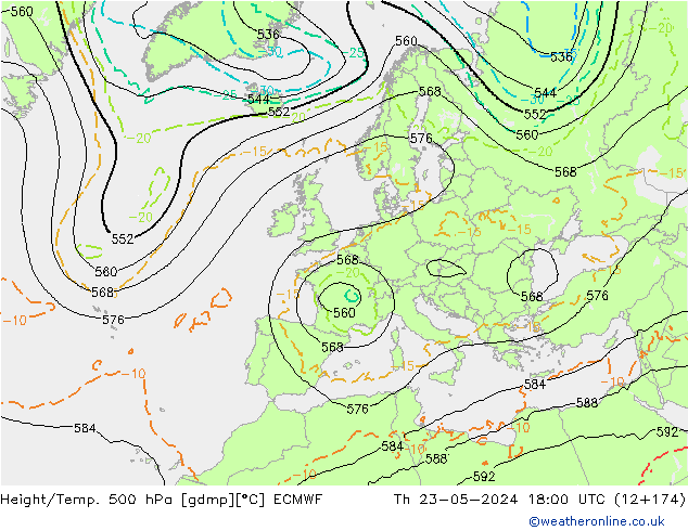 Z500/Rain (+SLP)/Z850 ECMWF Čt 23.05.2024 18 UTC