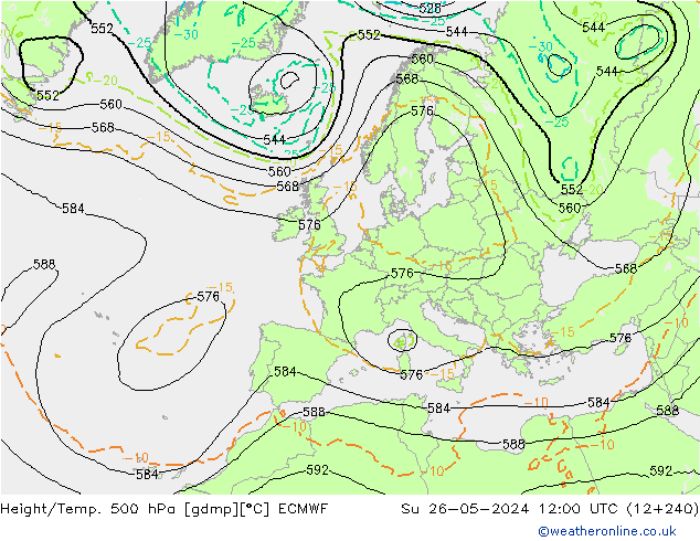 Height/Temp. 500 hPa ECMWF So 26.05.2024 12 UTC