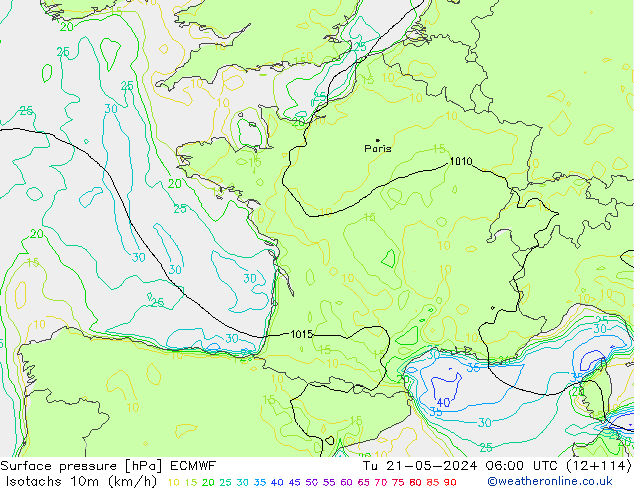 Izotacha (km/godz) ECMWF wto. 21.05.2024 06 UTC