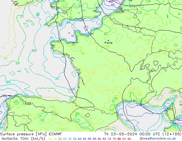 Izotacha (km/godz) ECMWF czw. 23.05.2024 00 UTC