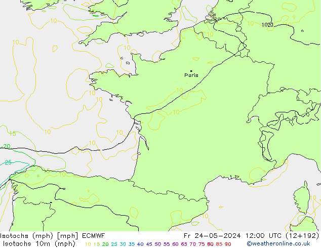 Izotacha (mph) ECMWF pt. 24.05.2024 12 UTC