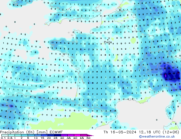 Precipitation (6h) ECMWF Th 16.05.2024 18 UTC