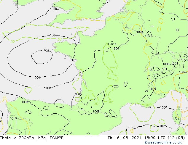Theta-e 700hPa ECMWF jue 16.05.2024 15 UTC
