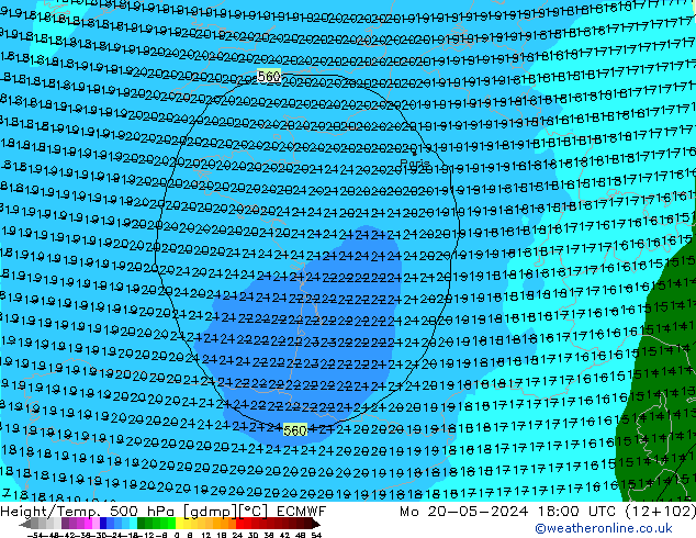 Z500/Yağmur (+YB)/Z850 ECMWF Pzt 20.05.2024 18 UTC