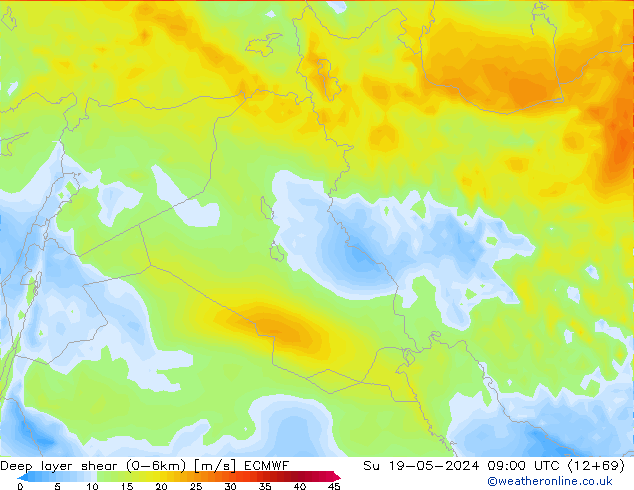 Deep layer shear (0-6km) ECMWF dim 19.05.2024 09 UTC