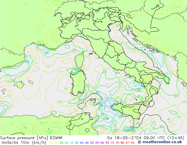 Eşrüzgar Hızları (km/sa) ECMWF Cts 18.05.2024 09 UTC