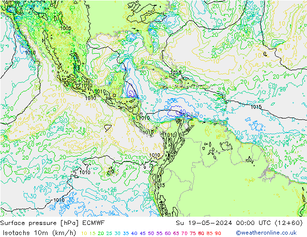 Isotachs (kph) ECMWF dom 19.05.2024 00 UTC