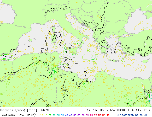 Isotachs (mph) ECMWF  19.05.2024 00 UTC