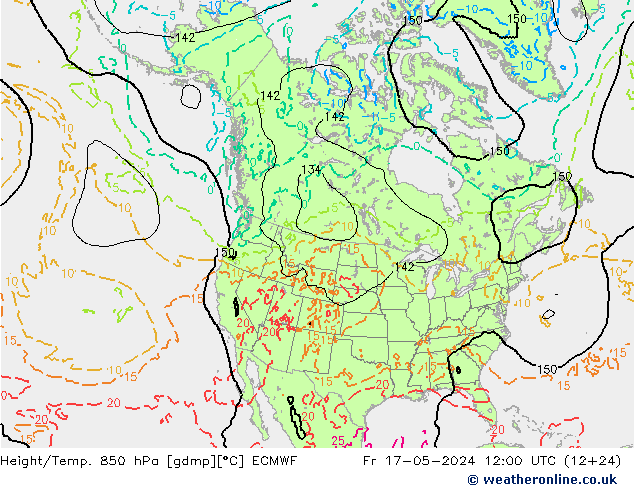 Hoogte/Temp. 850 hPa ECMWF vr 17.05.2024 12 UTC