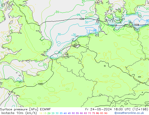 Izotacha (km/godz) ECMWF pt. 24.05.2024 18 UTC