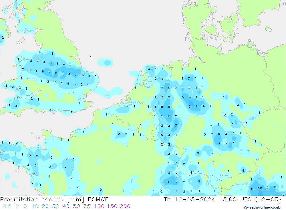 Precipitation accum. ECMWF Čt 16.05.2024 15 UTC