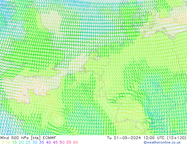 wiatr 500 hPa ECMWF wto. 21.05.2024 12 UTC