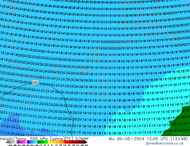 Yükseklik/Sıc. 500 hPa ECMWF Pzt 20.05.2024 12 UTC