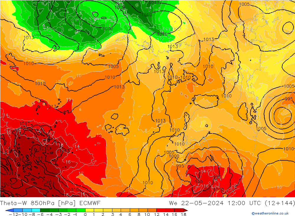 Theta-W 850hPa ECMWF wo 22.05.2024 12 UTC