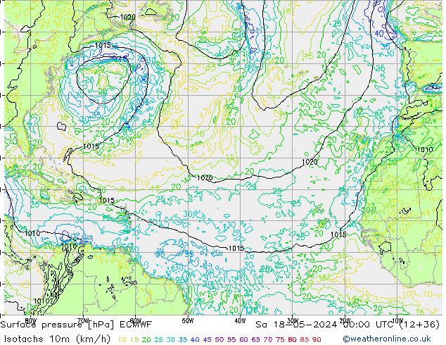 Isotachs (kph) ECMWF sab 18.05.2024 00 UTC