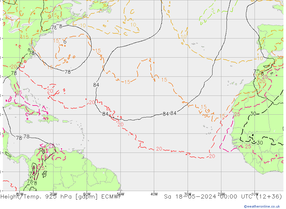 Height/Temp. 925 hPa ECMWF Sa 18.05.2024 00 UTC