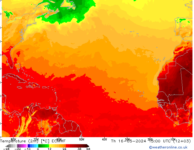 Temperatura (2m) ECMWF jue 16.05.2024 15 UTC