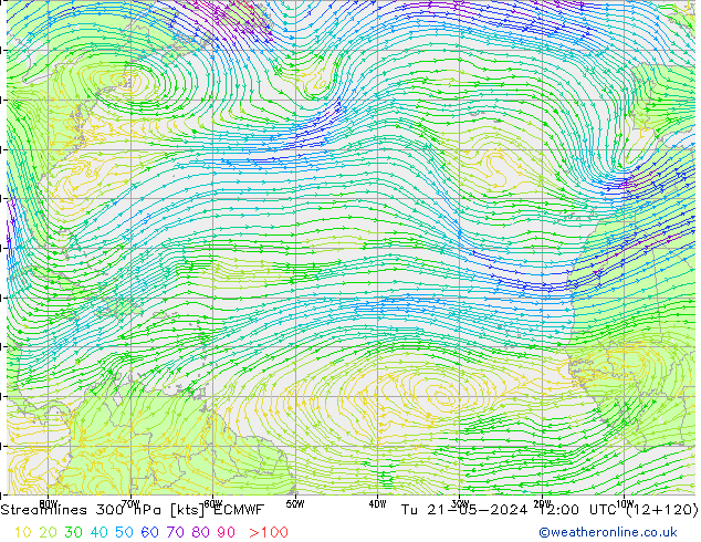 Stromlinien 300 hPa ECMWF Di 21.05.2024 12 UTC