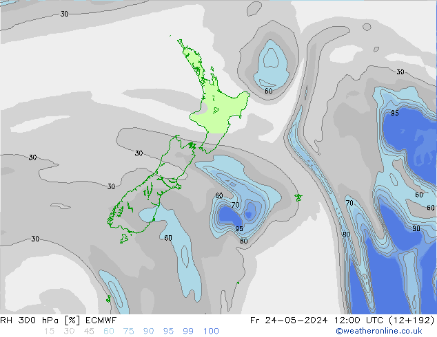 Humidité rel. 300 hPa ECMWF ven 24.05.2024 12 UTC