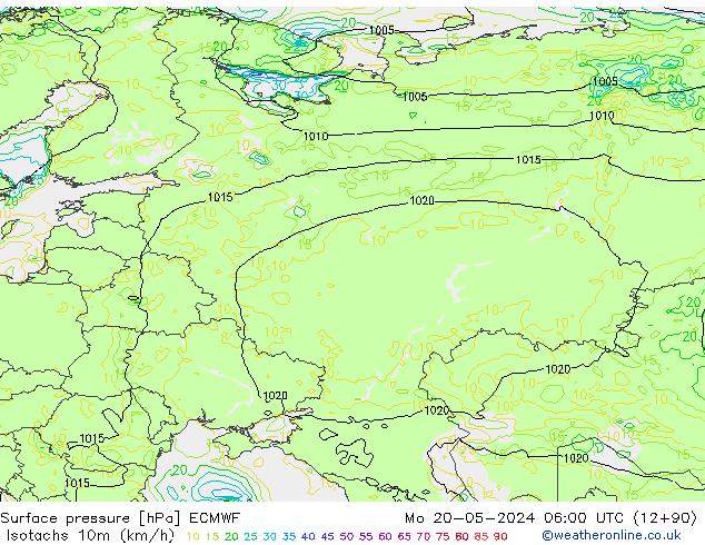 Isotachen (km/h) ECMWF Mo 20.05.2024 06 UTC