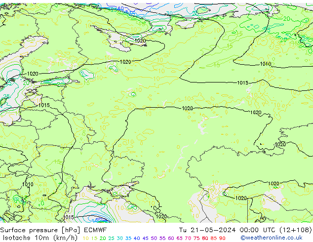 Isotachs (kph) ECMWF mar 21.05.2024 00 UTC
