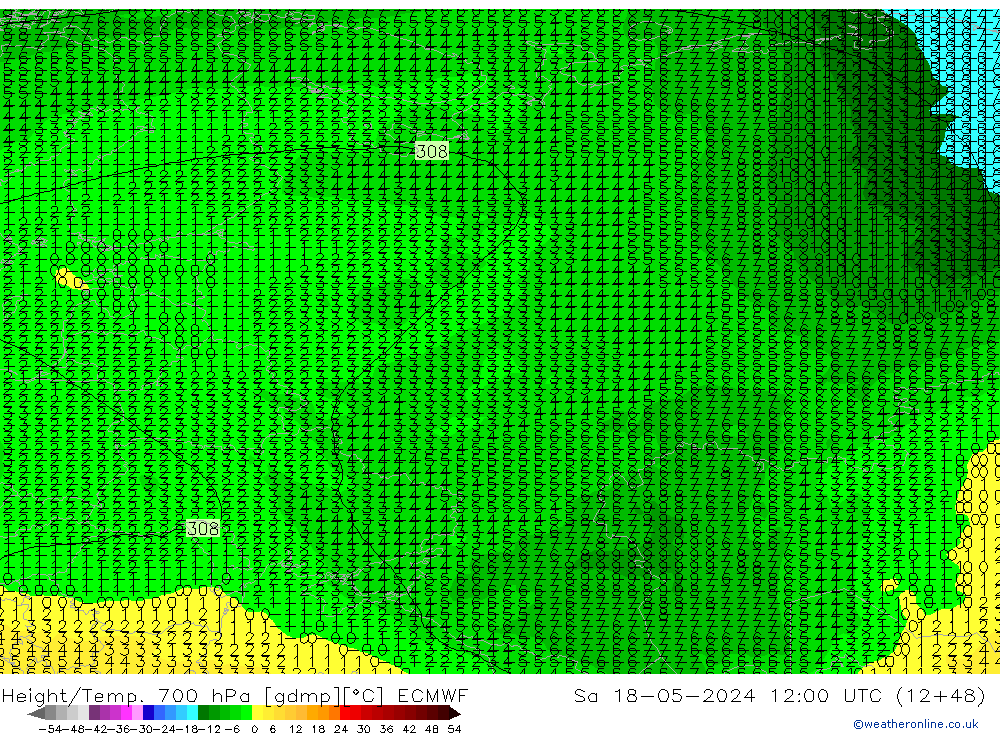 Yükseklik/Sıc. 700 hPa ECMWF Cts 18.05.2024 12 UTC