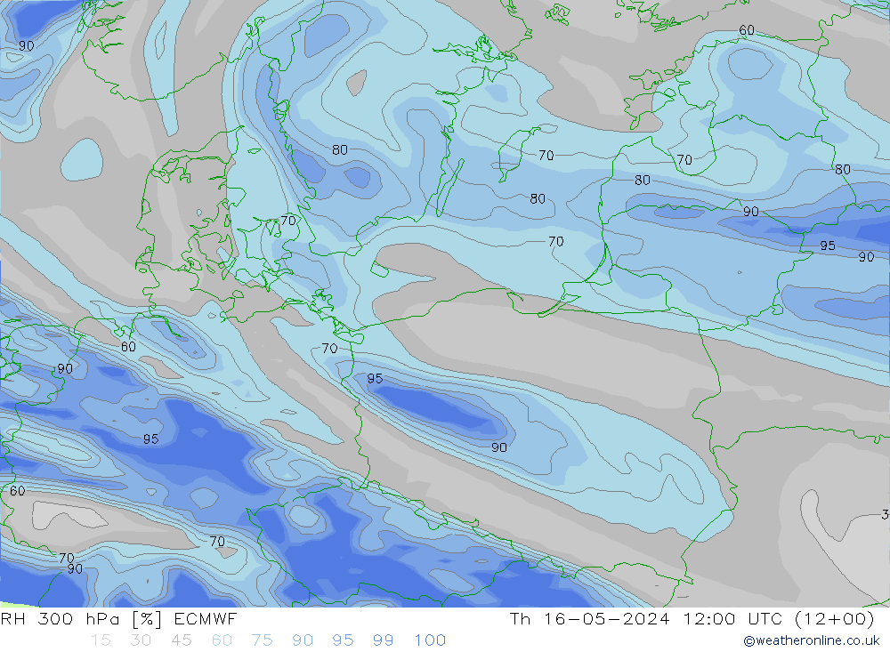 RH 300 hPa ECMWF czw. 16.05.2024 12 UTC