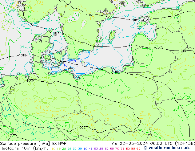 Isotaca (kph) ECMWF mié 22.05.2024 06 UTC