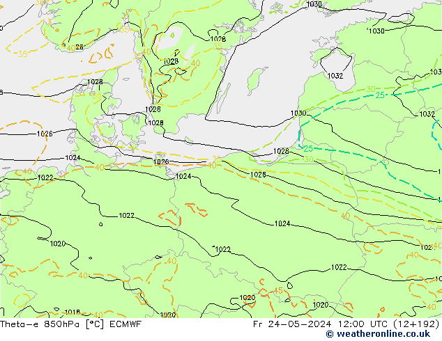 Theta-e 850hPa ECMWF Cu 24.05.2024 12 UTC