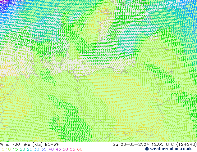 Wind 700 hPa ECMWF Su 26.05.2024 12 UTC