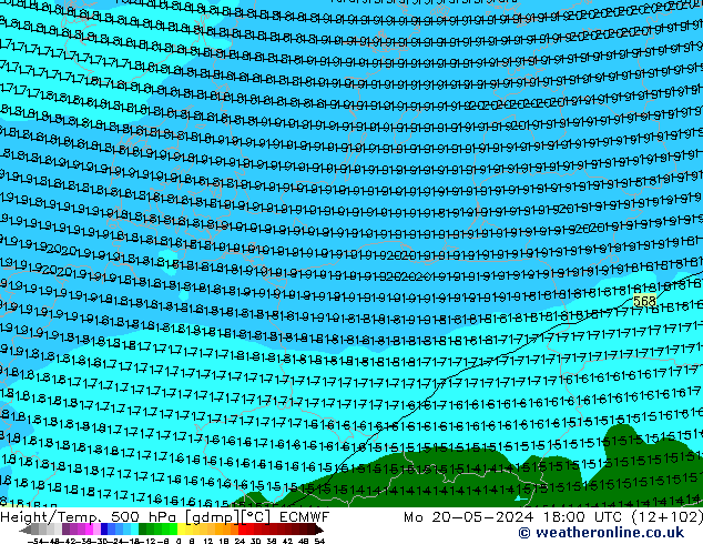 Z500/Yağmur (+YB)/Z850 ECMWF Pzt 20.05.2024 18 UTC
