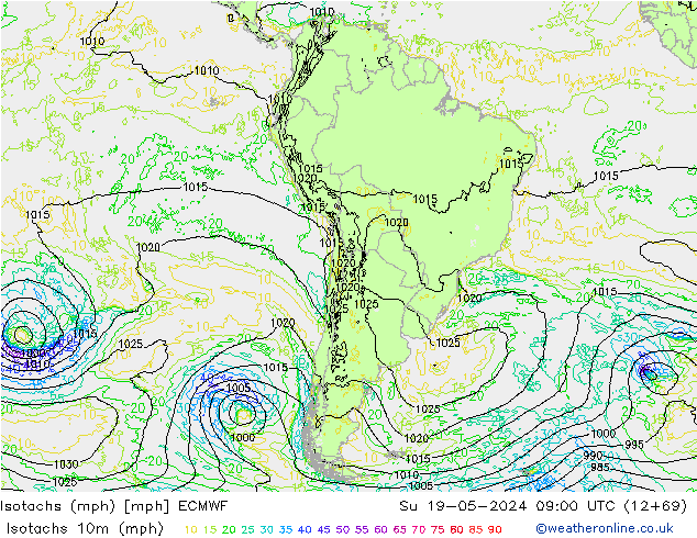 Isotachs (mph) ECMWF  19.05.2024 09 UTC