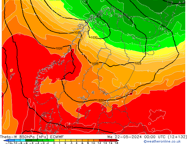 Theta-W 850гПа ECMWF ср 22.05.2024 00 UTC