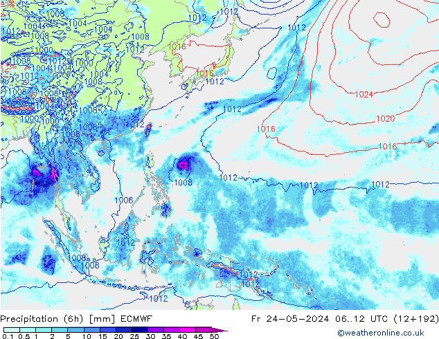 Z500/Rain (+SLP)/Z850 ECMWF Fr 24.05.2024 12 UTC