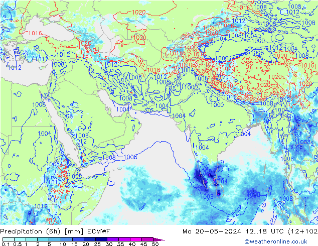 Prec 6h/Wind 10m/950 ECMWF pon. 20.05.2024 18 UTC