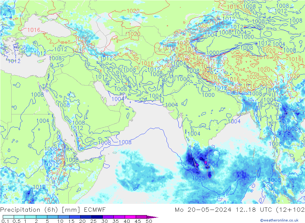 Prec 6h/Wind 10m/950 ECMWF pon. 20.05.2024 18 UTC