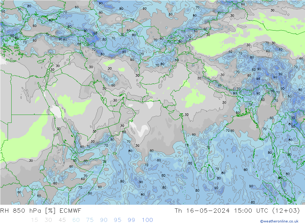 RH 850 hPa ECMWF 星期四 16.05.2024 15 UTC