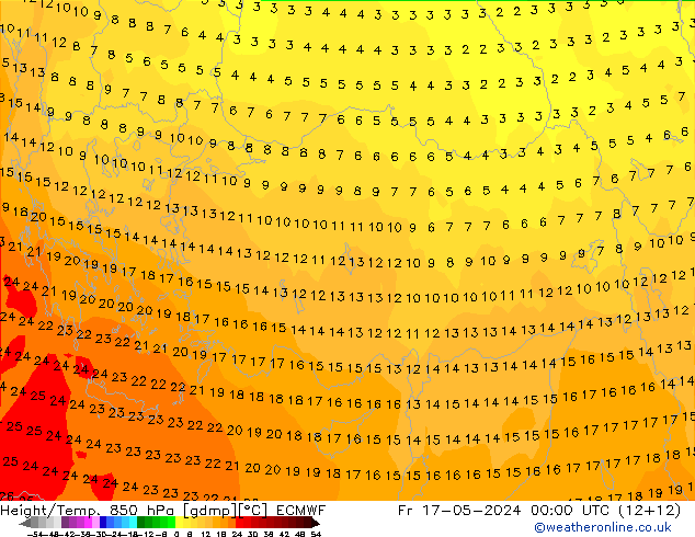 Hoogte/Temp. 850 hPa ECMWF vr 17.05.2024 00 UTC