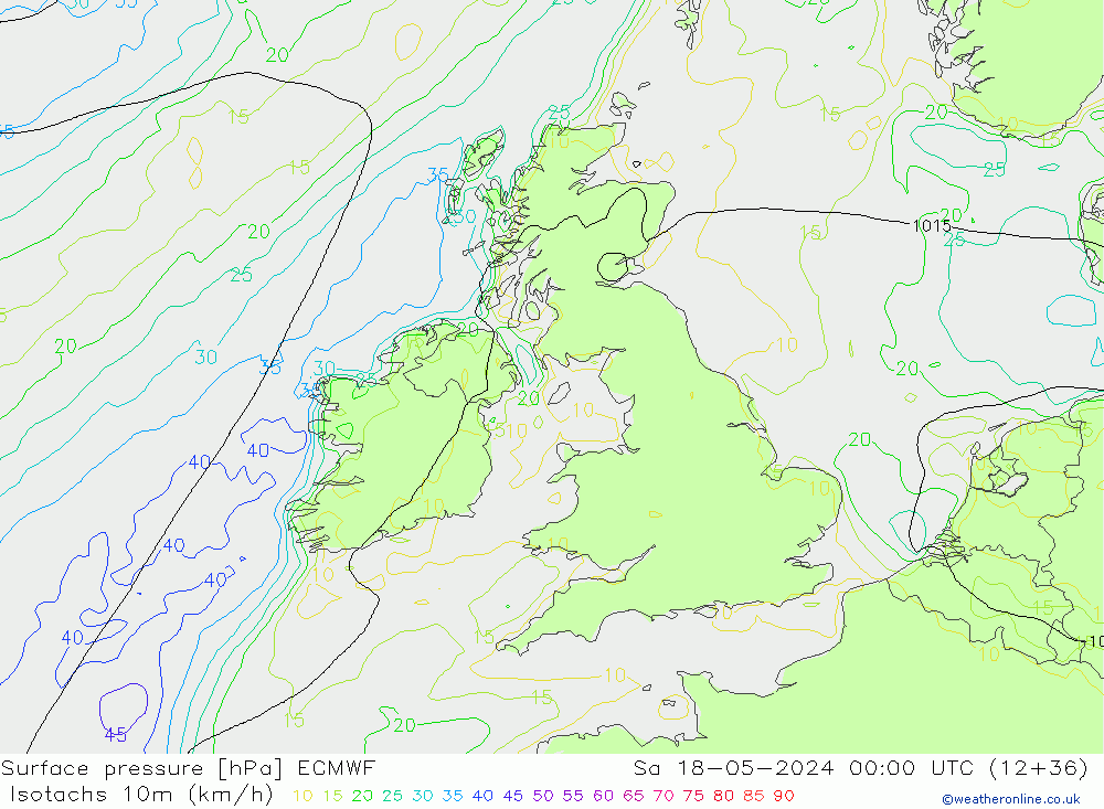 Isotachen (km/h) ECMWF za 18.05.2024 00 UTC