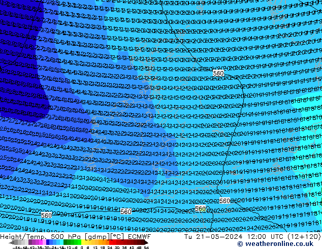 Z500/Rain (+SLP)/Z850 ECMWF Tu 21.05.2024 12 UTC