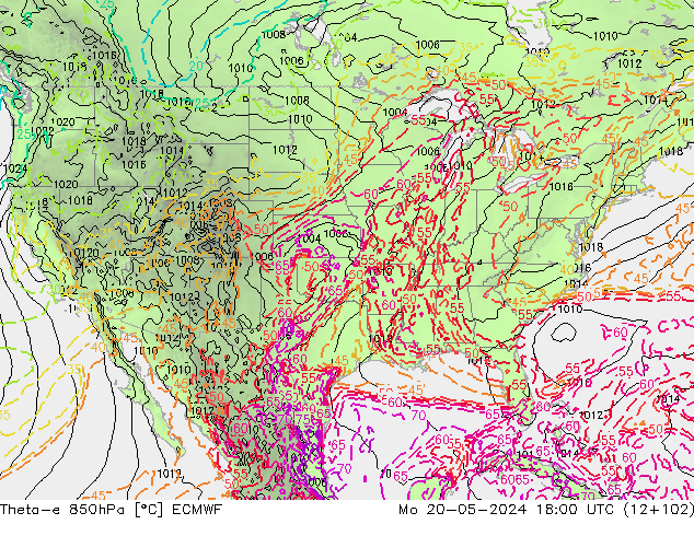 Theta-e 850hPa ECMWF Mo 20.05.2024 18 UTC