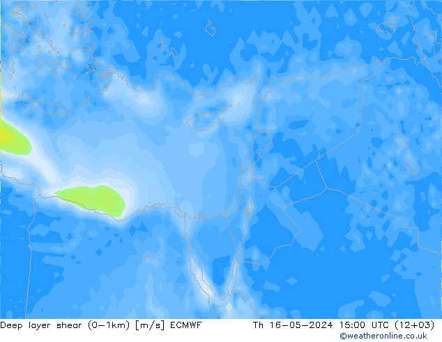 Deep layer shear (0-1km) ECMWF Čt 16.05.2024 15 UTC